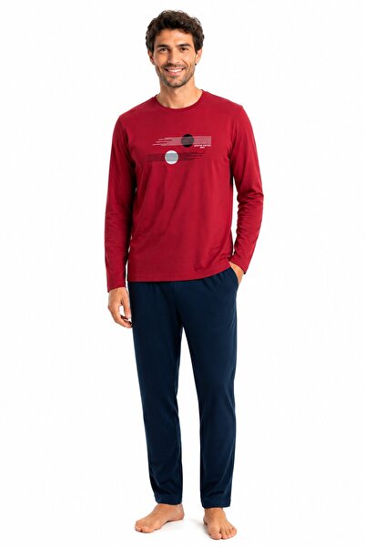 Pierre Cardin Men's Pajama Set, Crew Neck, Cotton, Geometric Line Circle Printed