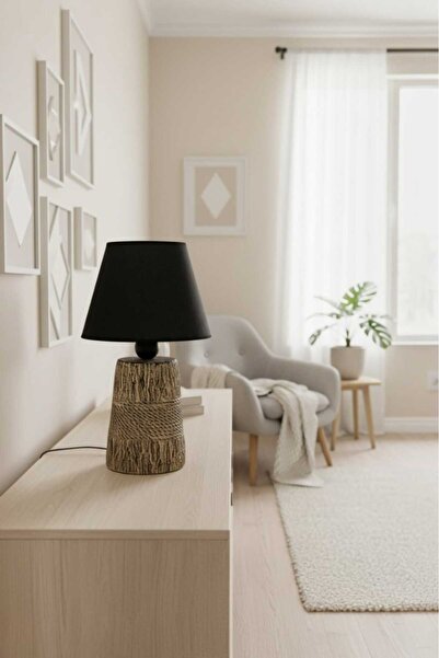 BSA LIGHTING JÜT MODERN BOHEM MASA LAMBASI (TAŞ GÖVDELİ)(SİYAH KONİK ABAJUR)