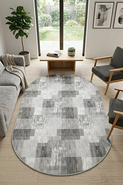 Raschel Carpet Oval Premium Yıkanabilir Leke Tutmaz Modern Kilim Modern Gri R...