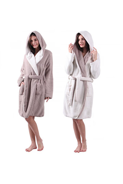 JEMIDI Halat de baie reversibil pentru femei, S, Bej / Alb, Poliester, 55057....