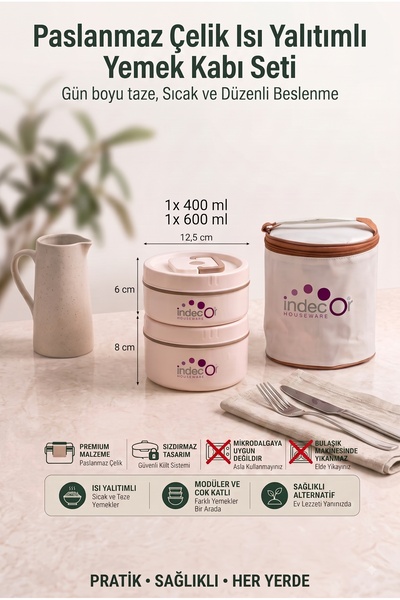 İndecor Houseware Isı Yalıtımlı Çantalı 2 Parça Vakumlu Lunch Box Yemek Termo...