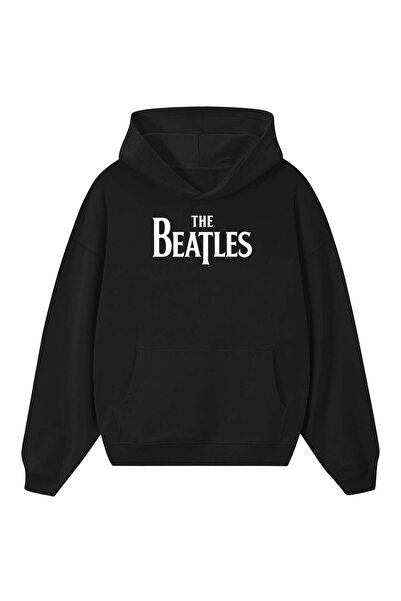 barsdepo The Beatles Τυπωμένο Oversize Unisex Μαύρο Φούτερ με Κουκούλα