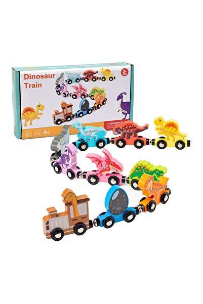 NO BRAND Cale ferată din lemn, tren cu vagoane pe magnet cu dinozauri, educativ