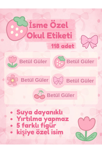 Nurmurs Kişiye Özel Tatlı çilekli Okul Kalem Defter Etiketi Özel İsim Yazılab...