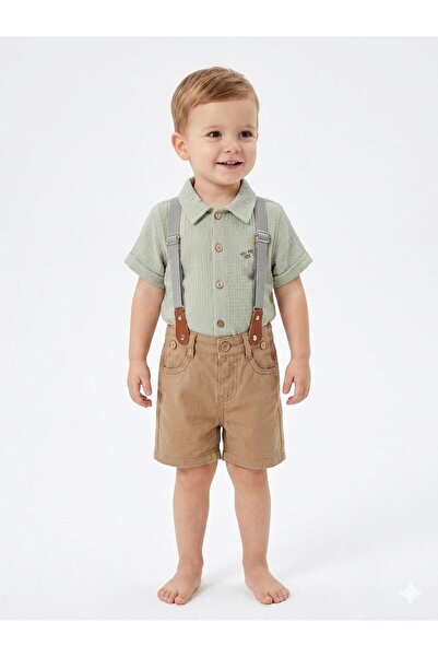Maison Bebe Cocosiss Baby Boy Embroidered Muslin Shirt and Suspender Shorts S...