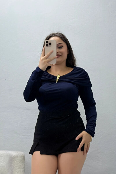 BELENDİR Women's Accessory Detail Long Sleeve Sandy Blouse Navy Blue