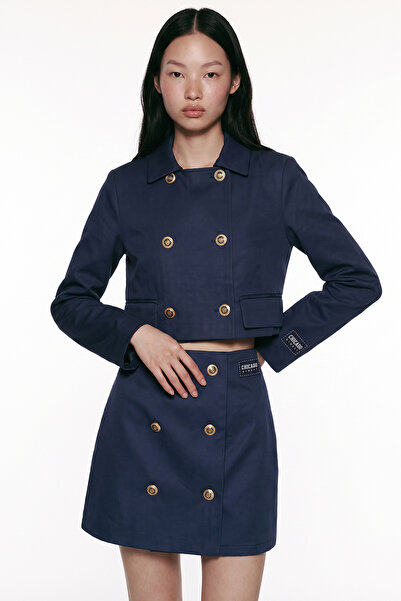 Quzu Gold Buttoned Double-Breasted Crop Jacket Navy Blue