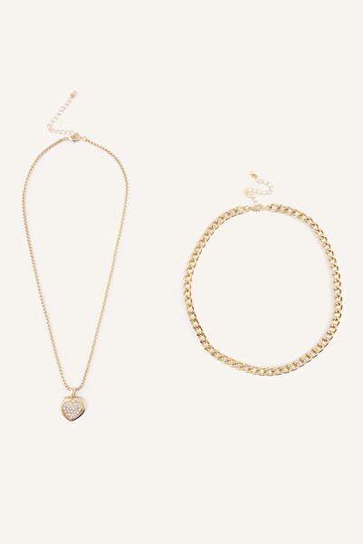 DeFacto Women's 2-Piece Stone Heart Pendant and Thick Chain Necklace I1412Axns