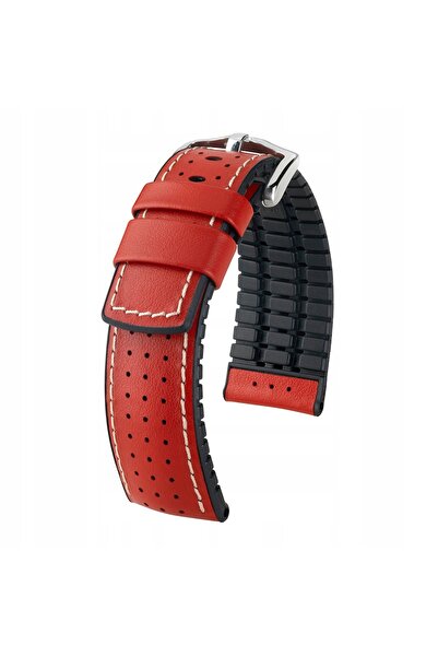 NO BRAND HIRSCH Tiger L - 18mm - Roșu/Negru - Curea din piele și cauciuc pentru