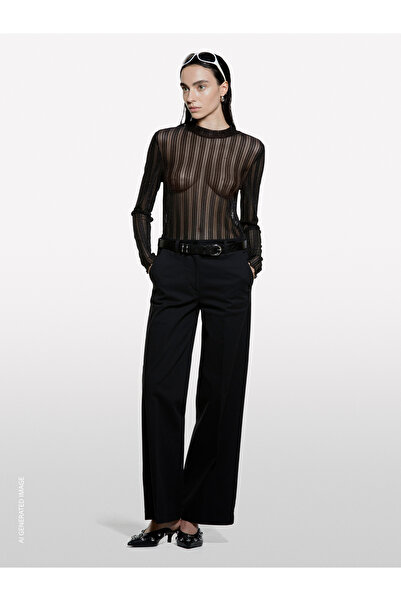 Sisley Kadın Siyah Pamuk Karışımlı Wide Leg Fit Streç Gabardin Pantolon