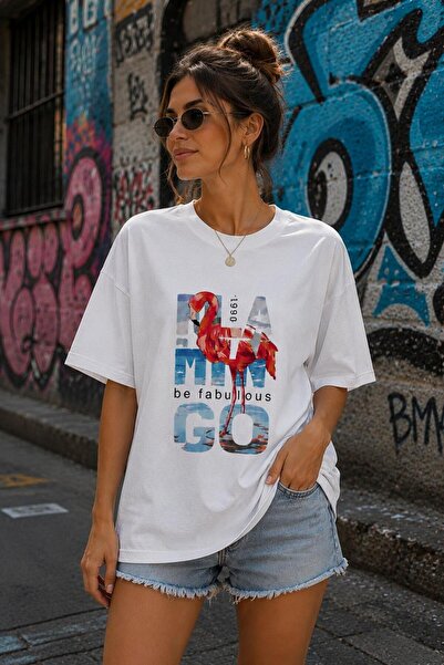 Lizbon Style Women's Oversize 100% Cotton T-Shirt Comfortable Fit Flamingo Pr...