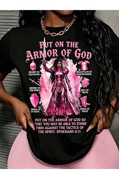 k222 تي شيرت نسائي بمقاسات كبيرة، بأكمام قصيرة - PUT ON THE ARMOR OF GOD، بلو...