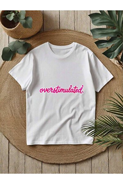2BIR Women's "Overstimulated" Top: Simple, Round-Neck T-Shirt With Pink Sloga...