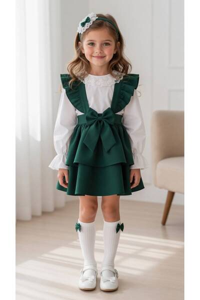 TREND NATURAL Trendnatural Girls Ruffle Bowknot Salopet Dress Set with Lace B...