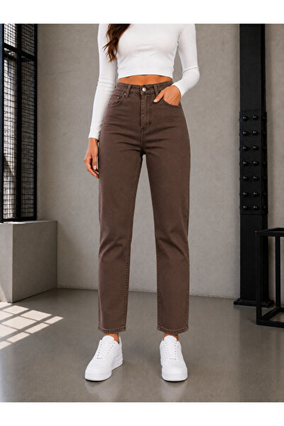 DELDNM Miu Women's Brown High Waist Lycra Trendy Mom Jean