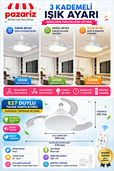 pazariz LED Beyaz Akıllı Tavan Vantilatörü | Katlanabilir Gizli Kanat, 3 Hız, 3 Renk LED, 3000K-8000K, Sessiz Çalışma, Uzaktan Kumanda, Zamanlayıcı, 35W, 25 cm Modern Tasarım + Tavan Duyu Hediye