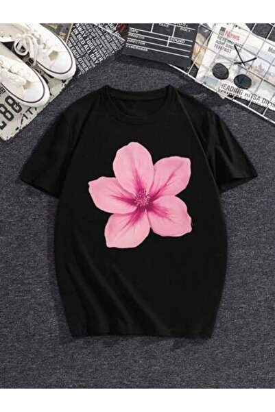 26LIK Women's Pink Hibiscus Print Fashionable T-Shirt With A Vibrant Floral D...