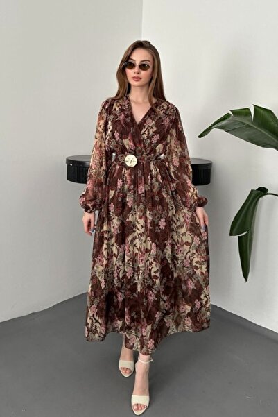 Elbee Fashion Woman Brown Glitter Belted Dress