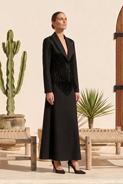 Lale Butik Beaded Detail Jacket Skirt Set 15297 Black