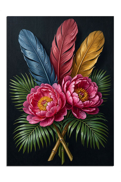 Artmeg Pânză decorativă cu buchet de pene și flori de bujor - Tablou din lemn...