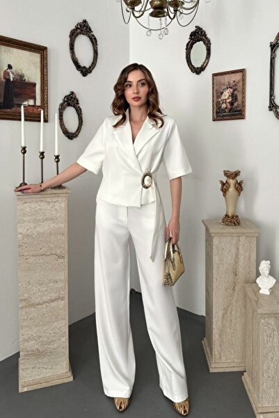 Elbee Fashion Woman Σετ Μπουφάν και Παντελόνι Εκρού με Μονή Πόρπη