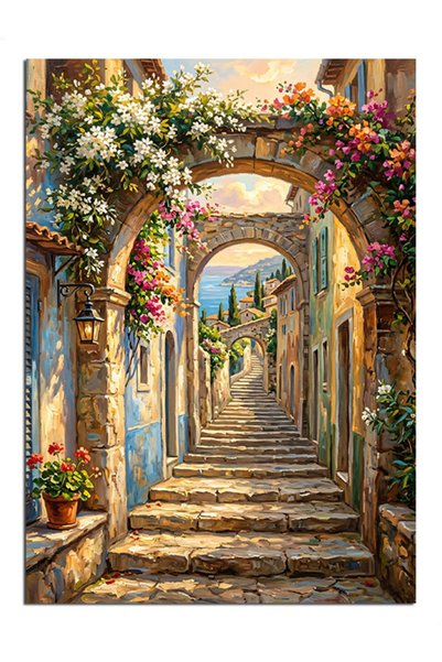Artmeg Pânză decorativă stradală cu arcadă florală din piatră - Masă din lemn...