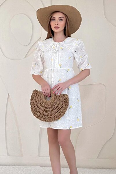 Elbee Fashion Woman Yellow Baby Collared Embroidered Dress
