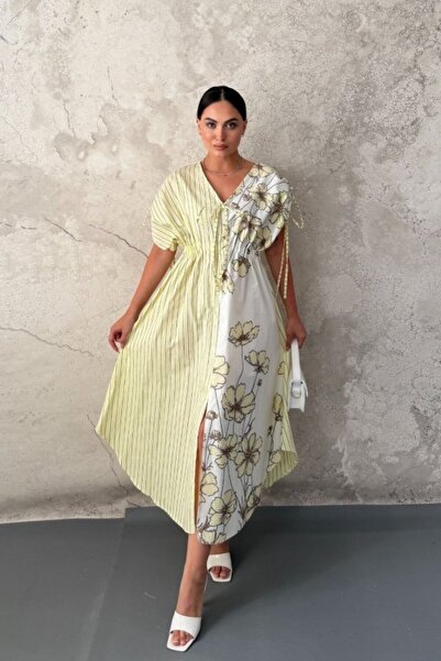 ELBEE Yellow Striped Floral Patterned Dress