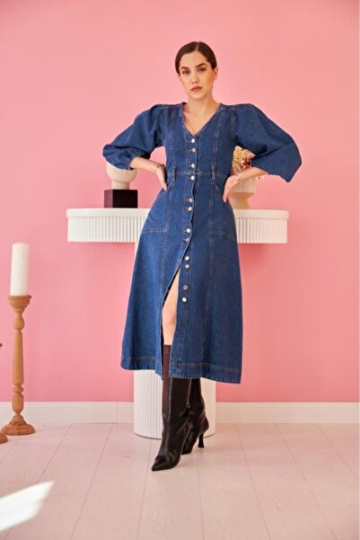 Elbee Fashion Woman Ναυτικό μπλε φόρεμα με μανίκια μπαλόνι και σχέδιο τζιν