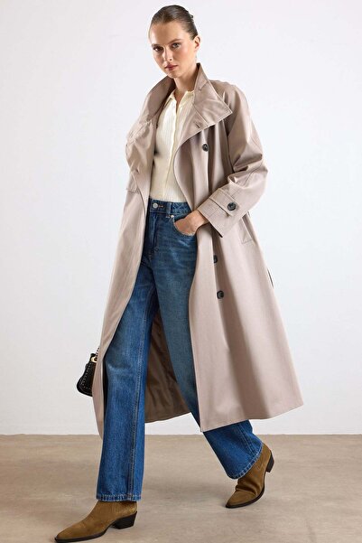 Olcay High Collar Cape Detailed Water Repellent Trench Coat Stone 6889