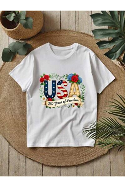 4CR تي شيرت بطباعة حروف USA بنمط Years Freedom Floral، تي شيرت بطباعة Patriot...
