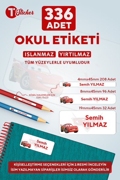 336 Adet Kişiye Özel Okul Etiketi MCQUEEN