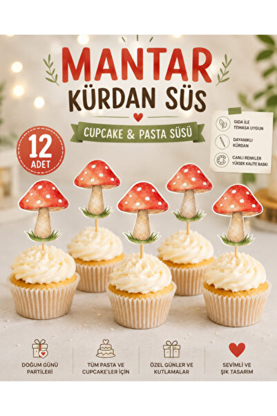 P&B COLLECTION WORKSHOP Mantar Temalı Kürdan Süsü 12 Adet Cupcake, Pasta, Doğ...