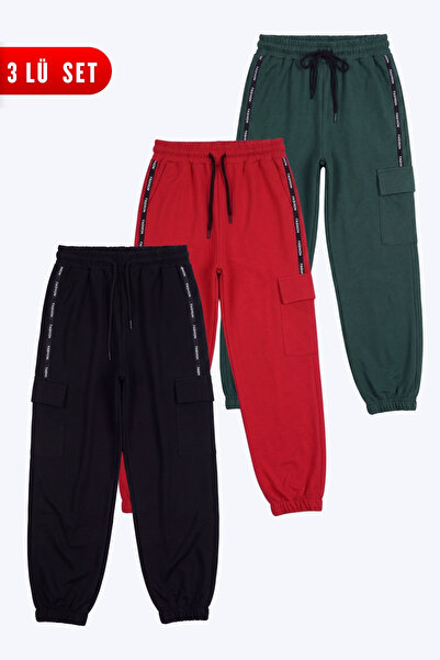 FYK KİDS 3-Piece Girls' Striped Cargo Pocket Sweatpants