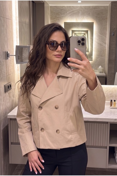 ALFUDO Moda Collection Basic Buttoned Double-Breasted Collar Beige Trench Coat