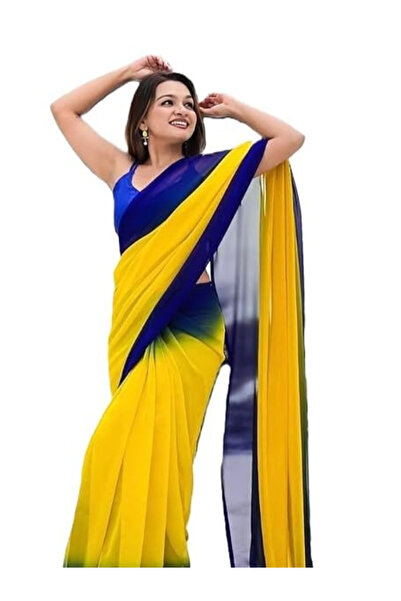 MYSMAR Blue & Yellow Ombre Georgette Saree - FFT7972 | Blue & Yellow-Size-0