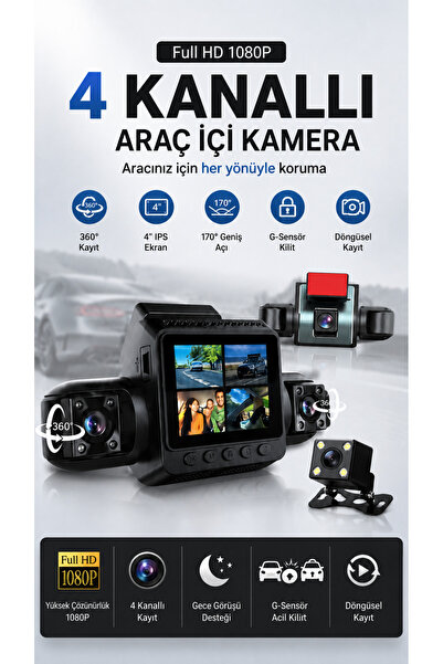 pazariz 4 Kameralı Araç Kamera Sistemi 1080P Full HD Dash Cam Ön Arka İç Kayıt 360° Güvenlik Gece Görüşü G-Sensör Park Modu ve Döngüsel Kayıt DVR Kamera Otomobil ve Ticari Araçlar İçin 12-24 Uyumlu