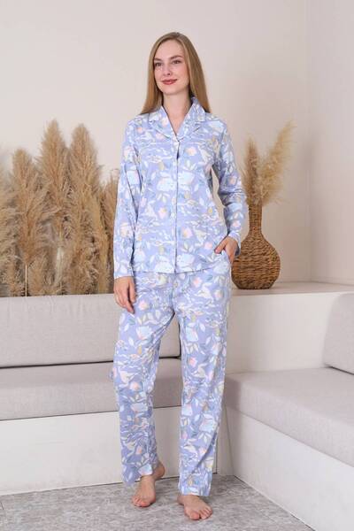 ALİMER Pajama Set - Floral Patterned Front Buttoned Combed Cotton 2917Uy
