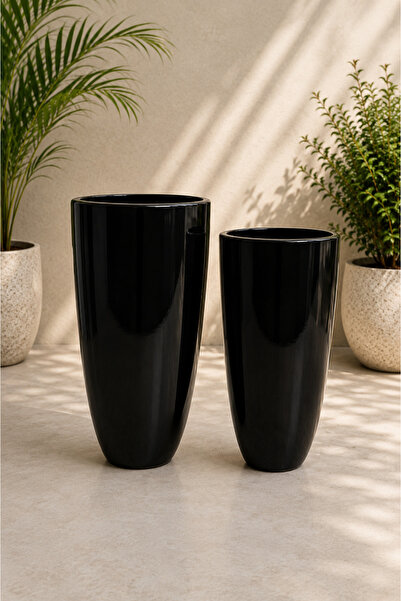 Generic Midnight Tall Ceramic Pot Black - SET 2PCS