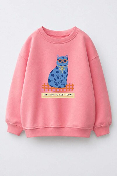 Monila Girl's 3 Thread Fabric Cotton Cat Printed Sweatshirt