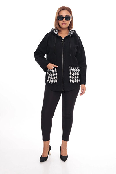 Lady Majestic Büyük Beden Kapüşonlu Fermuarlı Sweatshirt Hırka | 44-58 Beden