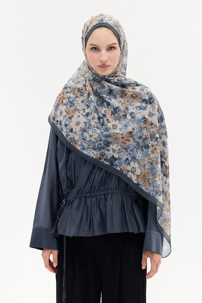 cs camellia scarf Μαλακό βαμβακερό σάλι με τραγανό σχέδιο λουλουδιών - Ανθρακί