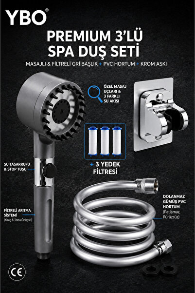 YBO Premium 3'lü SPA Duş Seti Filtreli Masajlı Duş Başlığı + 3 Adet Yedek Fil...