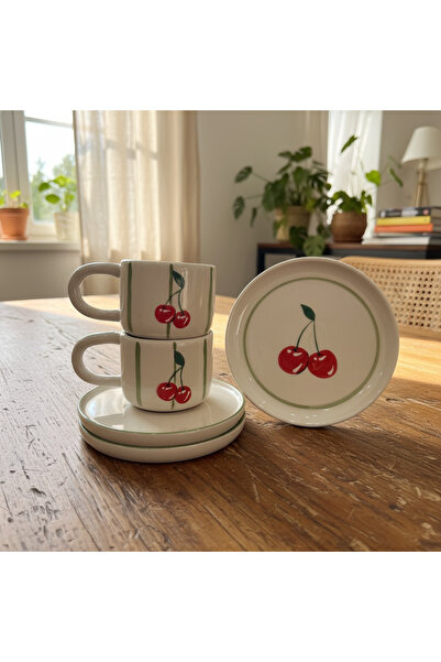 Xhoie Ceramics Cherry Garden Cherry Patterned Ceramic Turkish Coffee Cup Set for 2 People White