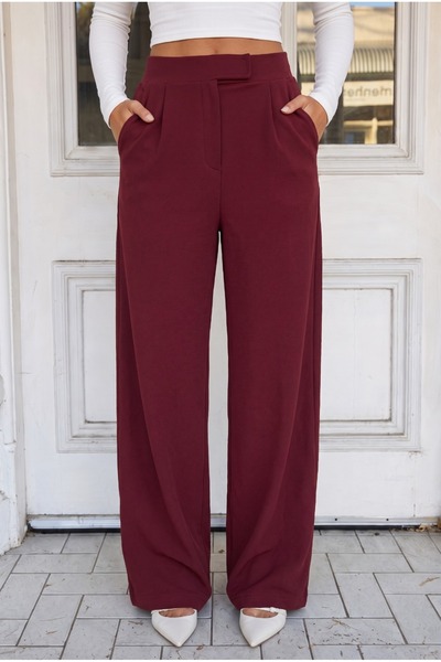 BİKELİFE Women's Burgundy Relaxed Fit Wide Leg Lycra Trousers