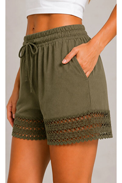 MetuCA Women's Khaki Lace Lace-Up Cotton Linen Bohemian Shorts with Elastic W...