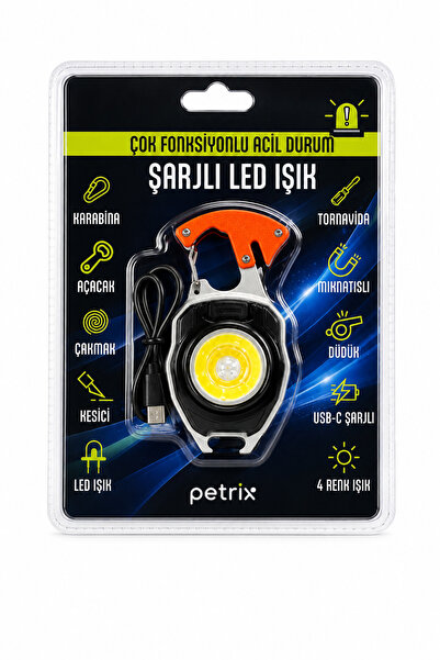 Petrix Çok Fonksiyonlu Şarjlı LED Fener – Karabina & Çakmak & Tornavida & Mık...
