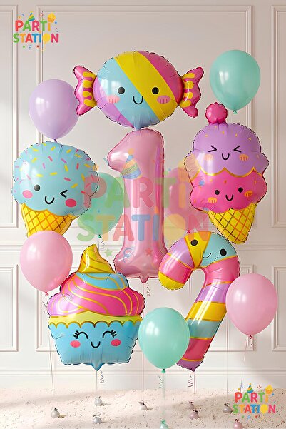 Parti Station Cupcake Ice Cream 1 Year Old - 12 Piece Balloon Set Candy Ice C...