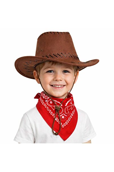 pınaxar Pălărie de cowboy pentru copii, maro și roșu, set eșarfă bandană