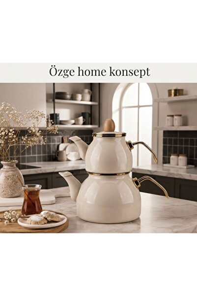 özgehomekonsept Nostalgic Enamel Teapot Set with Gold Detail and Wooden Handles